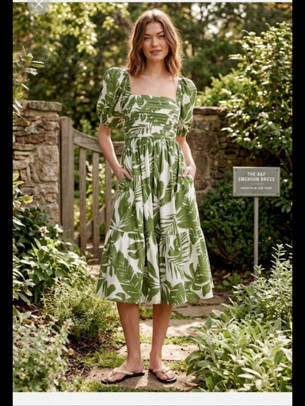 NWOT. Abercrombie & Fitch Emerson Poplin Sleeve Midi Dress Green Tropical Leaf S